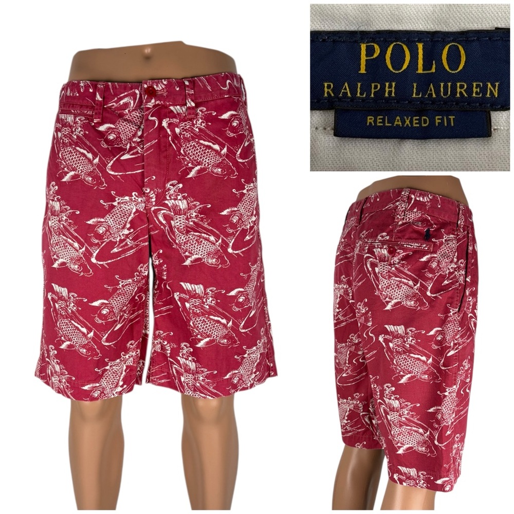 Polo Ralph Lauren Mens 32 Shorts Koi Fish All Over Relaxed Fit Red Salmon Cotton